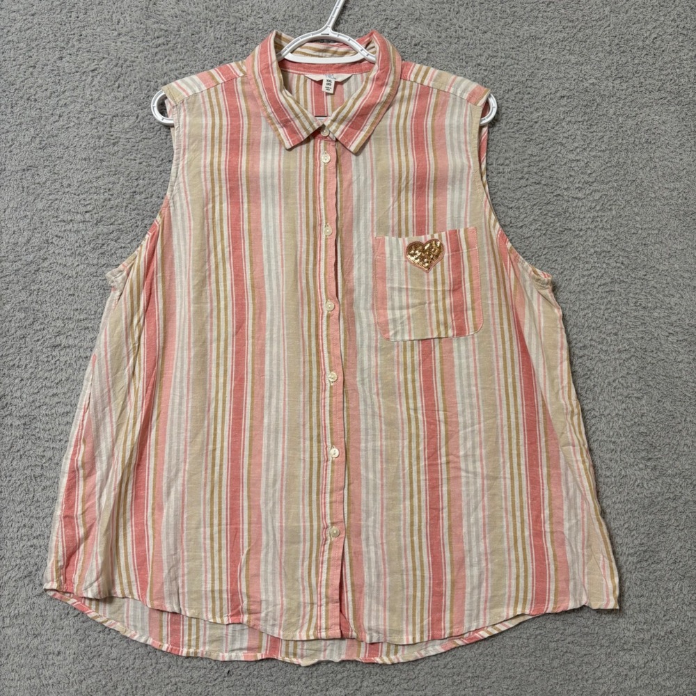 Striped Sleeveless Button Front Shirt  Linen Lyocell Blend Sequin Heart XXL